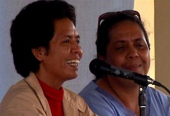 Biliki in June 2004 on her first day back in East Timor after twenty-seven years, relating her story to the CAVR. Pictured with CAVR commissioner, Maria Olandina Isabel Caeiro Alves / CAVR